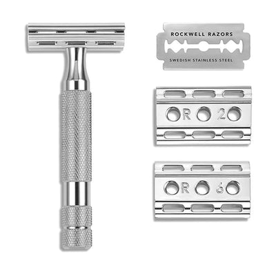 Rockwell 6C DE Razor with adjustable base plates (settings 2 and 6) and a blade, offering a customizable shave. Find it at Tophers Soap Co. in Brantford.