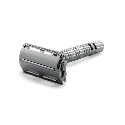 Angled view of the chrome Rockwell R1 Double Edge Safety Razor, a beginner-friendly option from Tophers Soap Co.