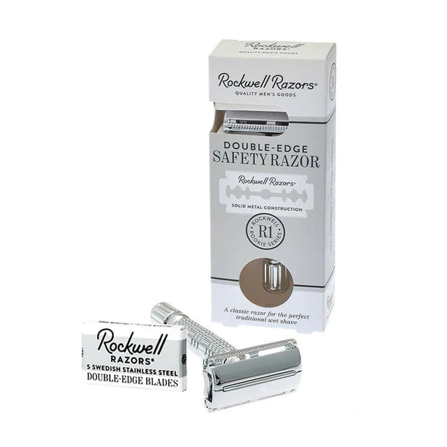 Rockwell R1 Chrome Double Edge Safety Razor shown with its retail box and a 5-pack of Rockwell Swedish Stainless Steel Double-Edge Blades, available at Tophers Soap Co. in Brantford, Ontario.