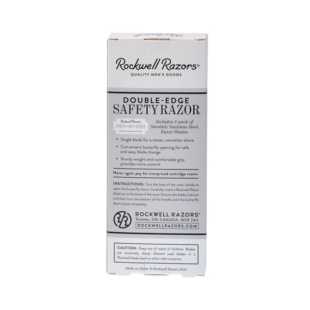 Back of the Rockwell R1 Double-Edge Safety Razor packaging, listing features like single blade for a closer shave and butterfly opening, available at Tophers Soap Co. in Brantford, Ontario.