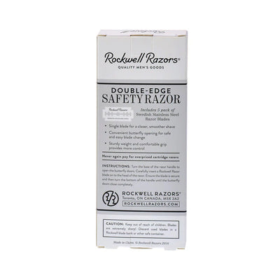 Back of the Rockwell R1 Double-Edge Safety Razor packaging, listing features like single blade for a closer shave and butterfly opening, available at Tophers Soap Co. in Brantford, Ontario.