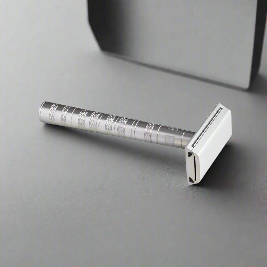 Experience a smooth shave with the  Henson AL13 razor in Aircraft Aluminum from Tophers Beard and Soap Co. Quality grooming.