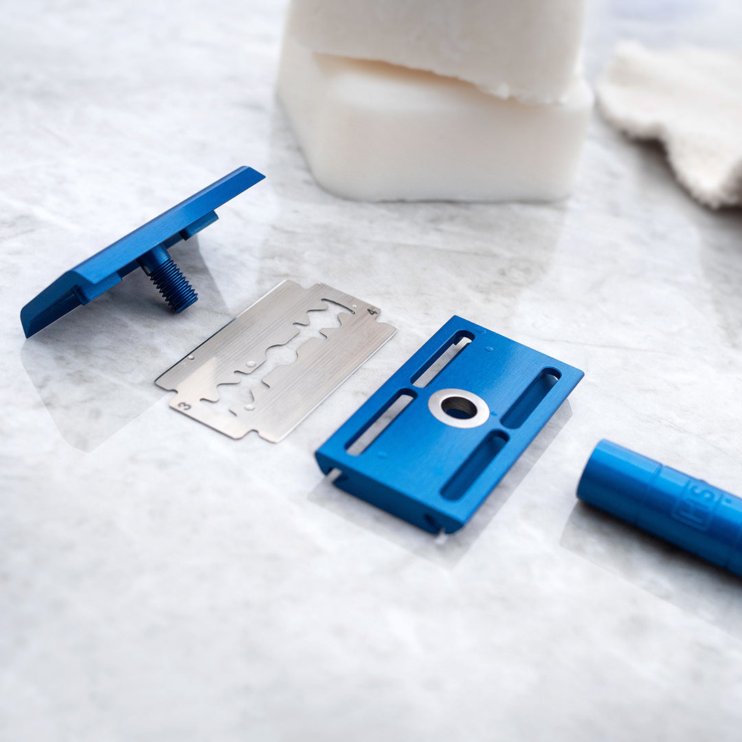 Blue Henson AL13 Razor Parts: Top Cap, Base Plate, Handle, Blade, and Shaving Soap - Tophers Beard and Soap Co.