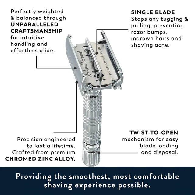 Image highlighting the features of the chrome Rockwell R1 Double Edge Safety Razor from Tophers Soap Co. in Brantford, Ontario, including balanced weight, single blade design to prevent irritation, durable chromed zinc alloy construction, and twist-to-open mechanism for easy blade change.