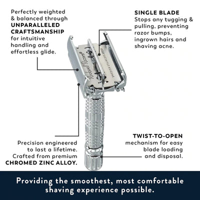 Image highlighting the features of the chrome Rockwell R1 Double Edge Safety Razor from Tophers Soap Co. in Brantford, Ontario, including balanced weight, single blade design to prevent irritation, durable chromed zinc alloy construction, and twist-to-open mechanism for easy blade change.