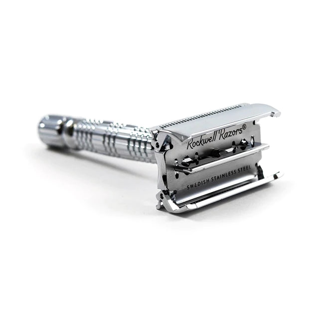 Close-up of the chrome head of the Rockwell R1 Double Edge Safety Razor, available at Tophers Soap Co.