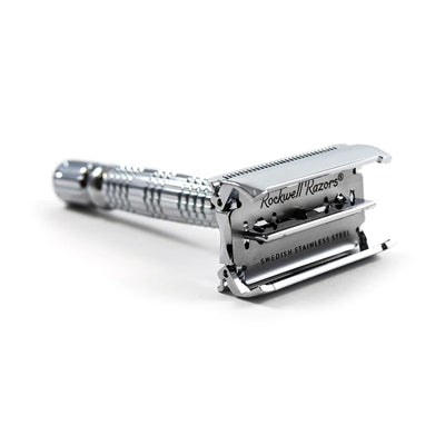Close-up of the chrome head of the Rockwell R1 Double Edge Safety Razor, available at Tophers Soap Co.