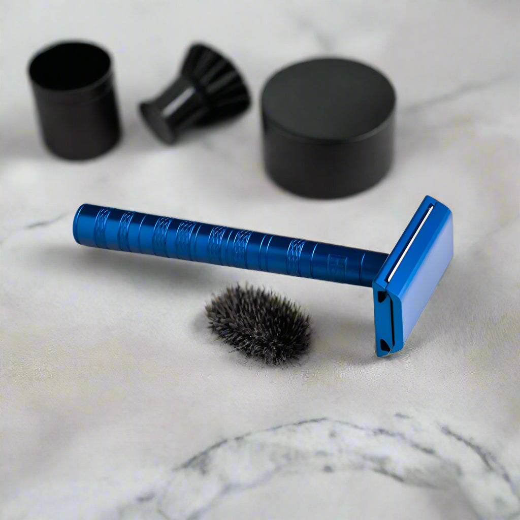 Blue Henson AL13 Mild Safety Razor with Shaving Brush and Stand - Tophers Beard and Soap Co. Brantford.